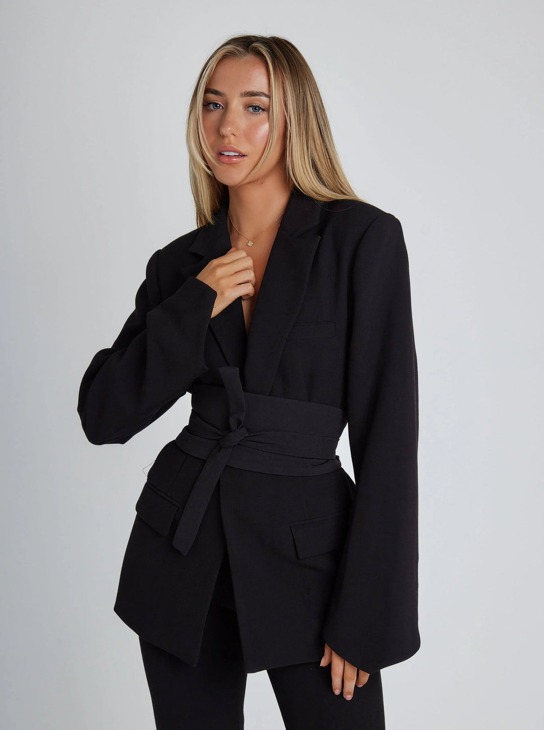 Women’s Belted Long Blazer | Modern Structured Layering