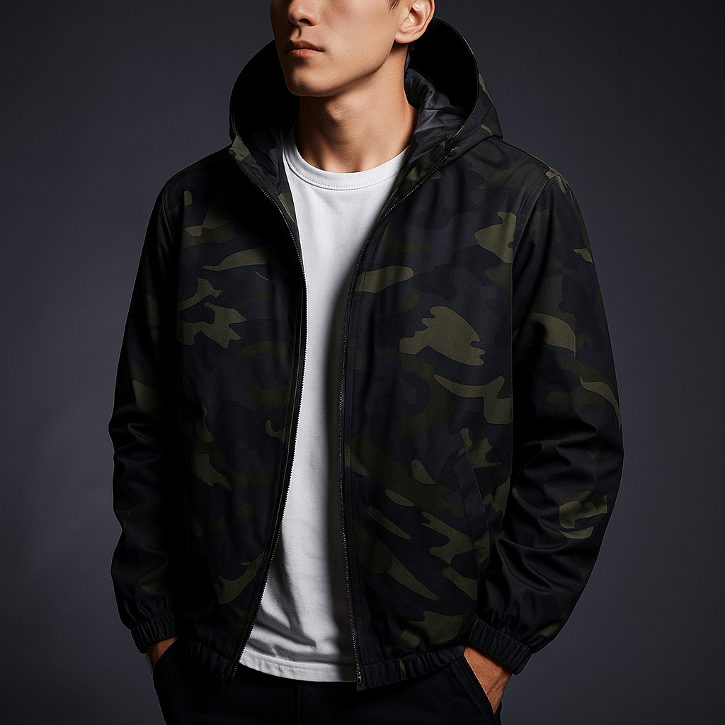 Person wearing a black camouflage jacket over a white shirt on a dark background