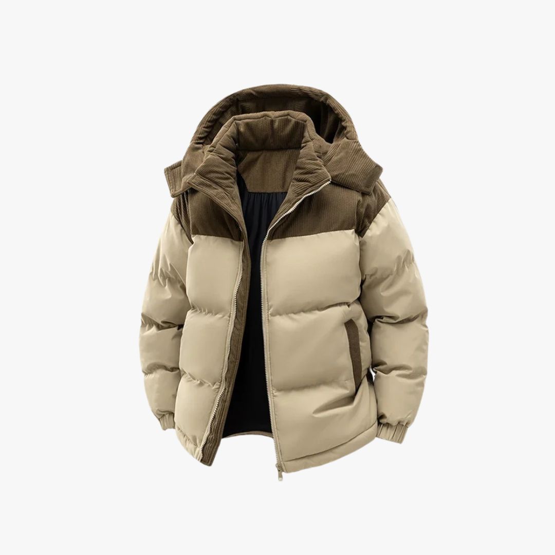 Beige and brown puffer jacket on a white background