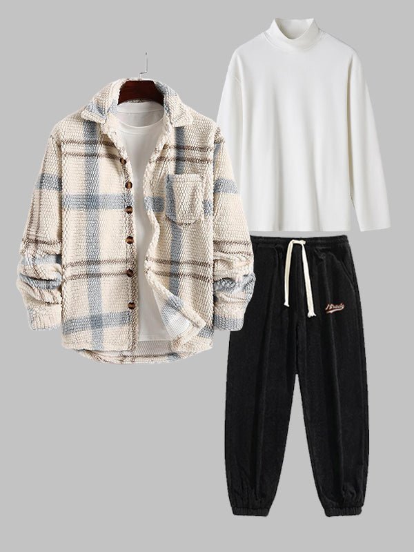 3PCS Set Men's plaid jacket velvet basic T-shirt casual pants - LXNDON