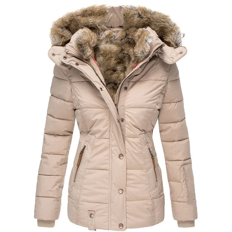 Beige winter jacket with fur-lined hood on a white background