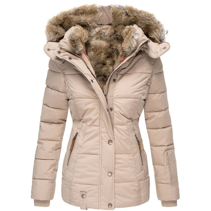 Beige winter jacket with fur-lined hood on a white background
