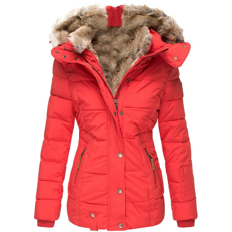 Red winter jacket with fur-lined hood on a white background