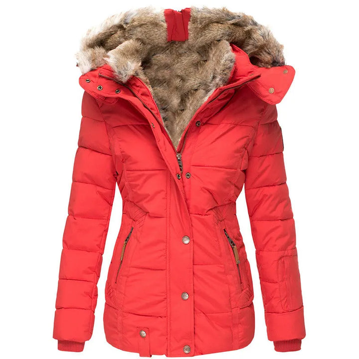 Red winter jacket with fur-lined hood on a white background