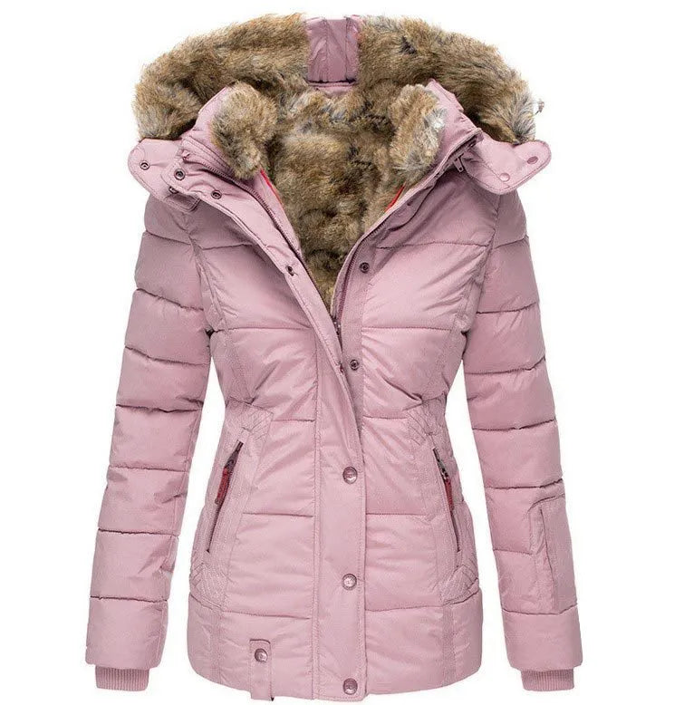 Pink winter jacket with fur-lined hood on a white background