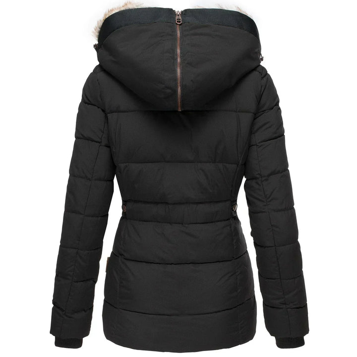 Black puffer jacket with a hood on a white background