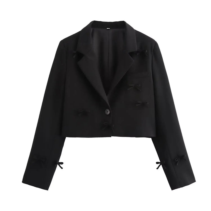 Black cropped blazer on a white background