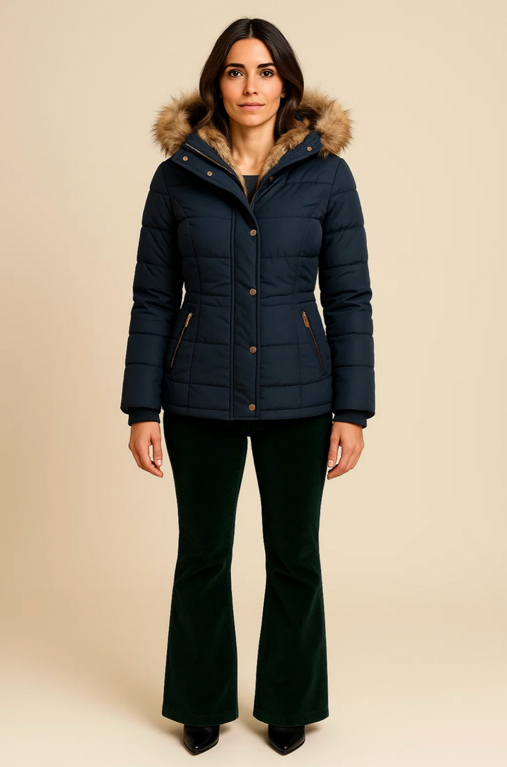 Woman wearing a navy blue puffer jacket with fur hood on a beige background