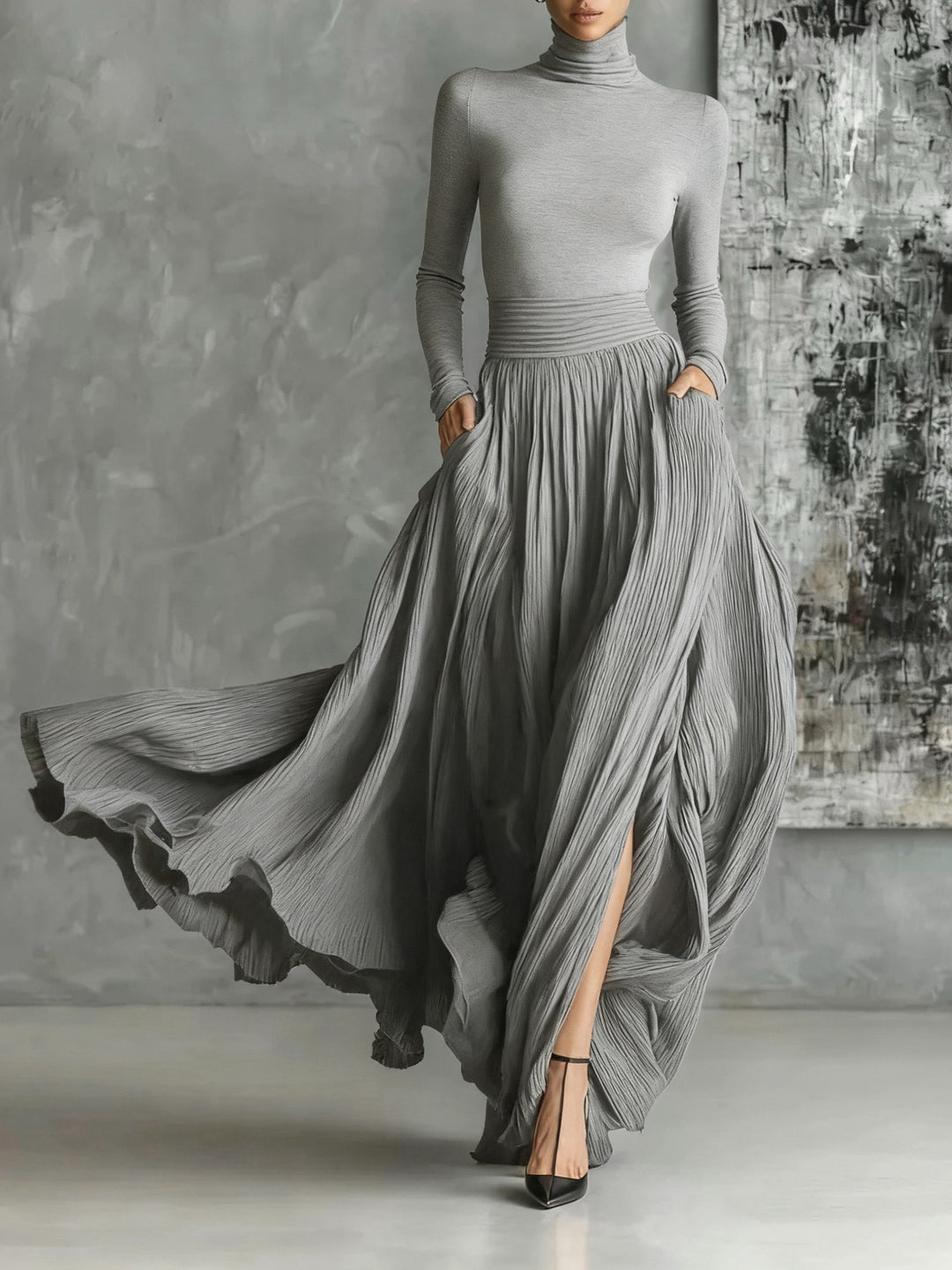Women’s Pleated High-Neck Maxi Dress