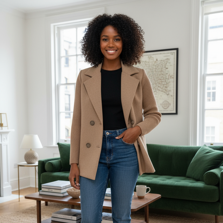 Woman standing in a living room wearing a beige coat, black top, and blue jeans.