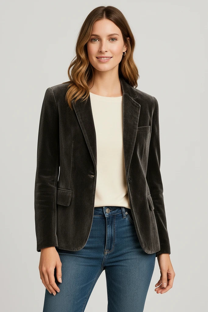 Woman wearing a dark velvet blazer over a white top and blue jeans on a gray background