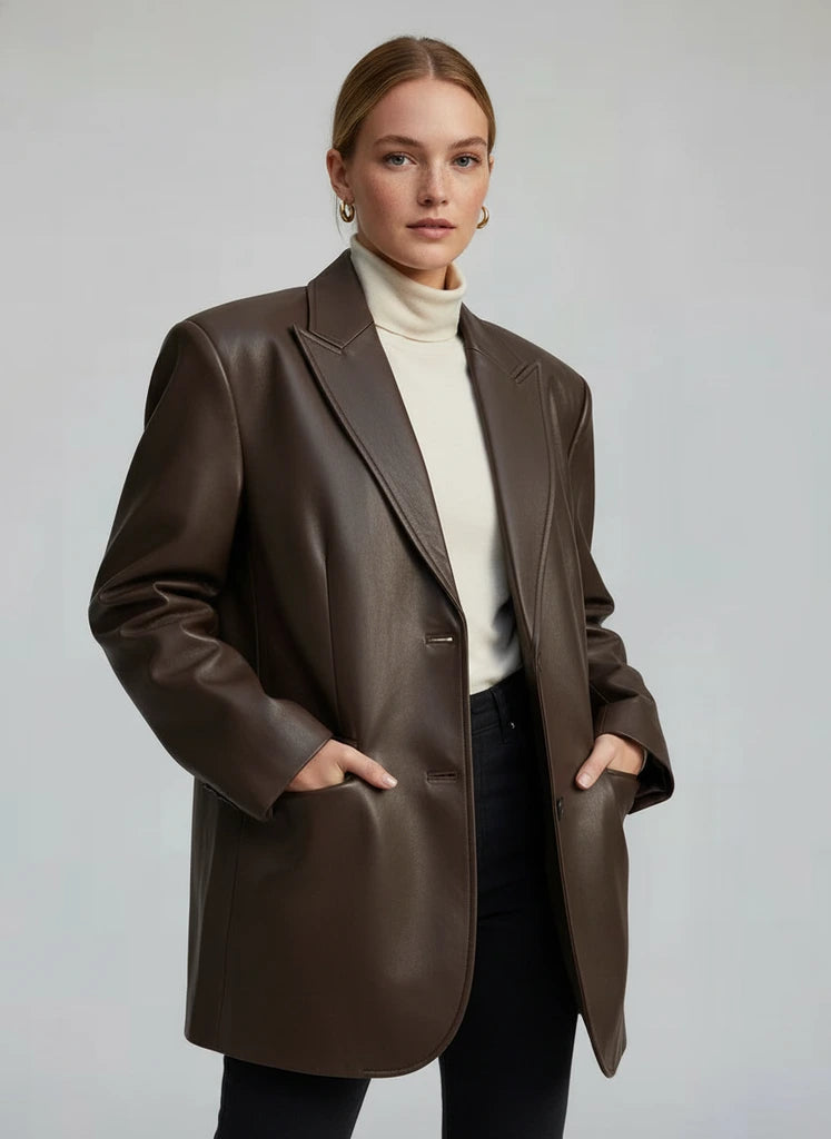 Woman wearing a brown coat over a white turtleneck and black pants on a light gray background