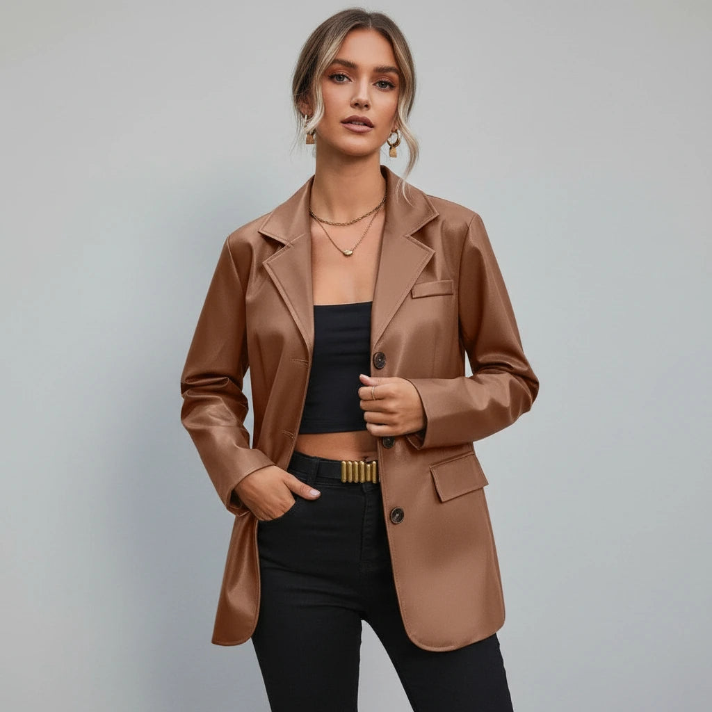 Woman wearing a brown blazer over a black top and pants on a gray background