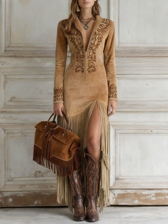Women's Western Embroidered Fringe Maxi Dress