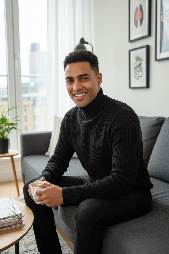 Man sitting on a couch holding a mug in a modern living room.