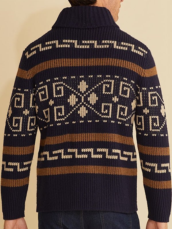 Men's lapel jacquard knitted casual sweater cardigan jacket - LXNDON