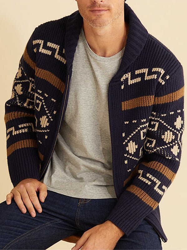 Men's lapel jacquard knitted casual sweater cardigan jacket - LXNDON