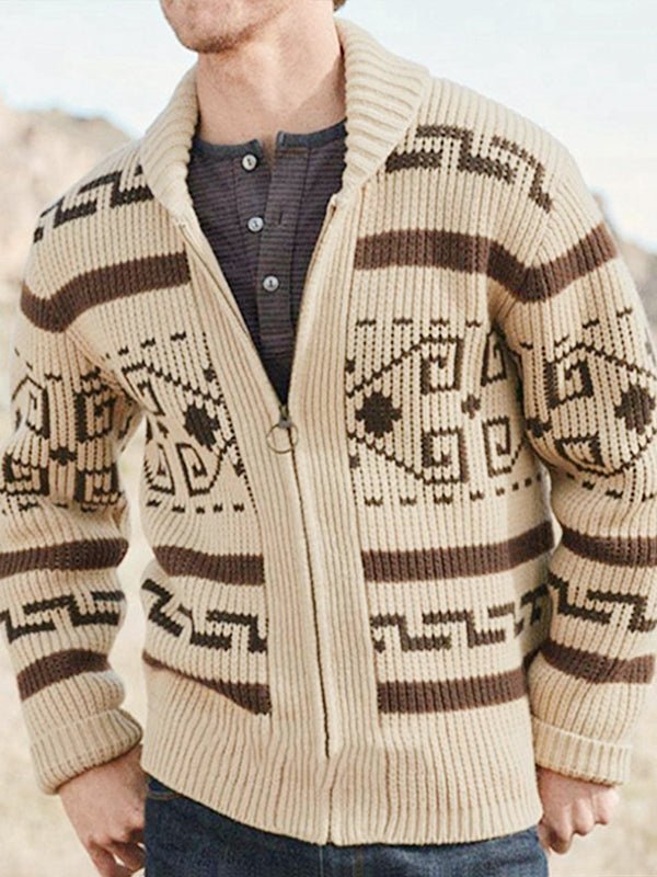 Men's lapel jacquard knitted casual sweater cardigan jacket - LXNDON