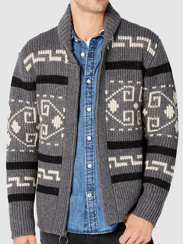 Men's lapel jacquard knitted casual sweater cardigan jacket - LXNDON