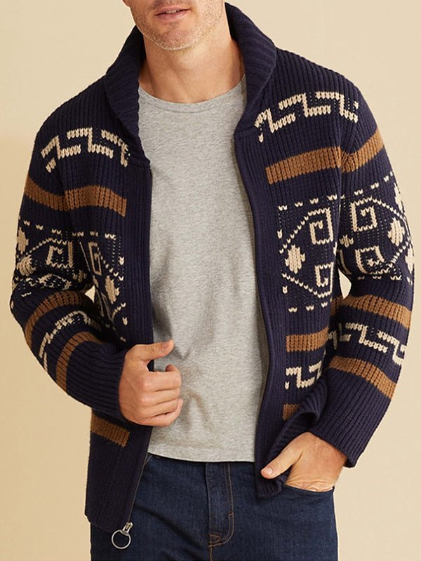 Men's lapel jacquard knitted casual sweater cardigan jacket - LXNDON