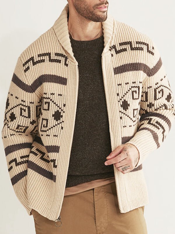 Men's lapel jacquard knitted casual sweater cardigan jacket - LXNDON