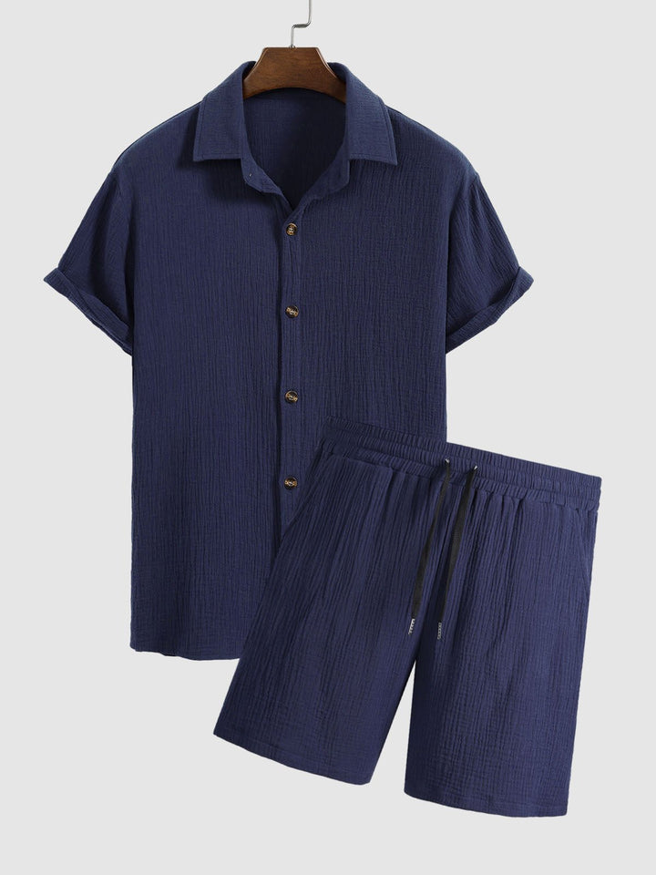 Men's pleated textured solid color short sleeve set - LXNDON