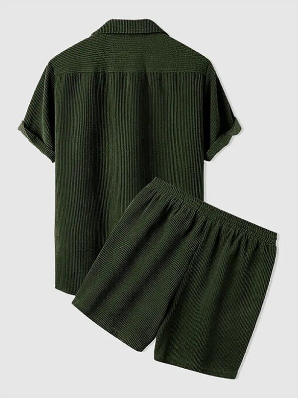 Men's Retro Corduroy Casual Lapel Solid Button Short Sleeve Shirt Shorts Set - LXNDON