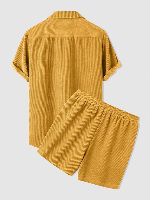 Men's Retro Corduroy Casual Lapel Solid Button Short Sleeve Shirt Shorts Set - LXNDON