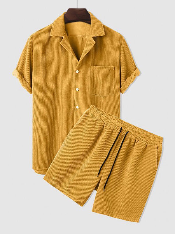 Men's Retro Corduroy Casual Lapel Solid Button Short Sleeve Shirt Shorts Set - LXNDON