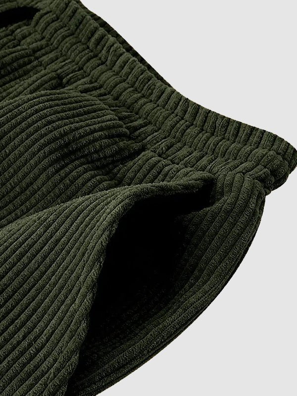 Men's Retro Corduroy Casual Lapel Solid Button Short Sleeve Shirt Shorts Set - LXNDON