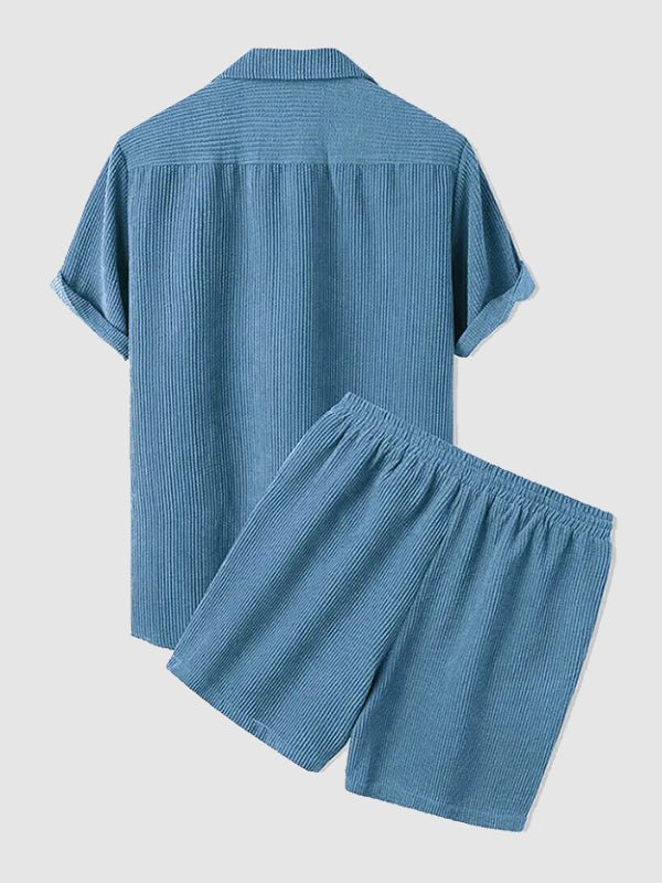 Men's Retro Corduroy Casual Lapel Solid Button Short Sleeve Shirt Shorts Set - LXNDON