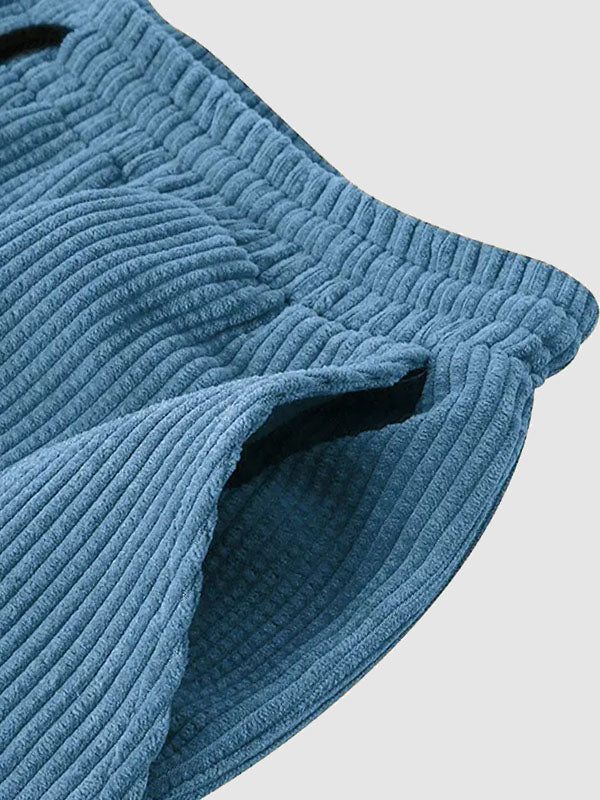 Men's Retro Corduroy Casual Lapel Solid Button Short Sleeve Shirt Shorts Set - LXNDON