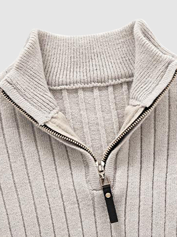 Men's Solid Cable Casual Zip Stand Collar Sweater - LXNDON