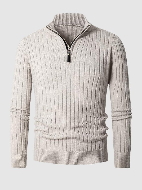 Men's Solid Cable Casual Zip Stand Collar Sweater - LXNDON