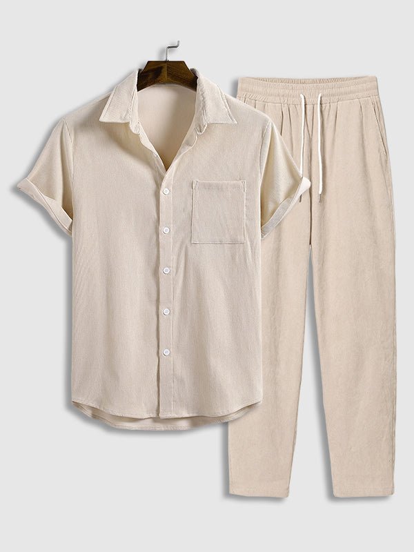 Men's solid color corduroy casual short - sleeved shirt pants set - LXNDON