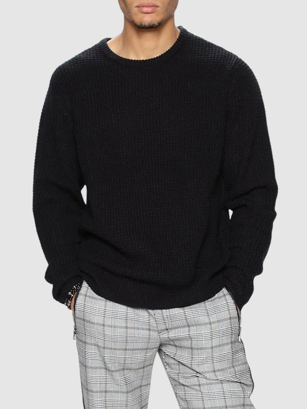 Men's solid color loose fit knitted crew neck sweater - LXNDON