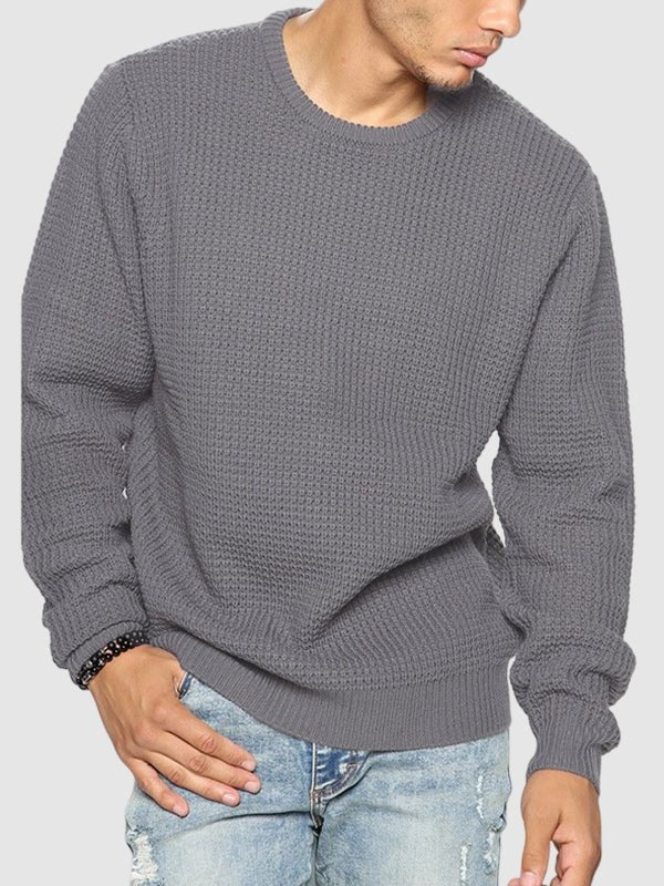 Men's solid color loose fit knitted crew neck sweater - LXNDON