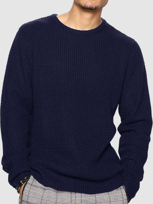 Men's solid color loose fit knitted crew neck sweater - LXNDON