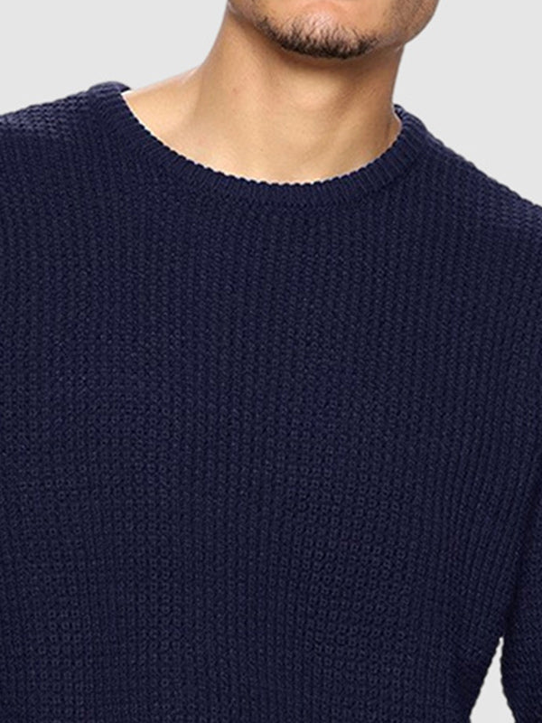 Men's solid color loose fit knitted crew neck sweater - LXNDON