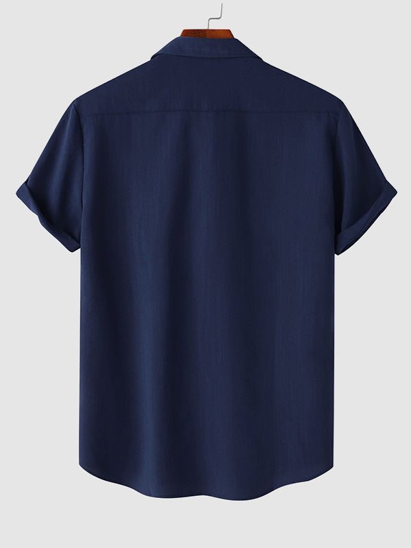 Men's Solid cotton casual lapel solid color short - sleeved shirt - LXNDON