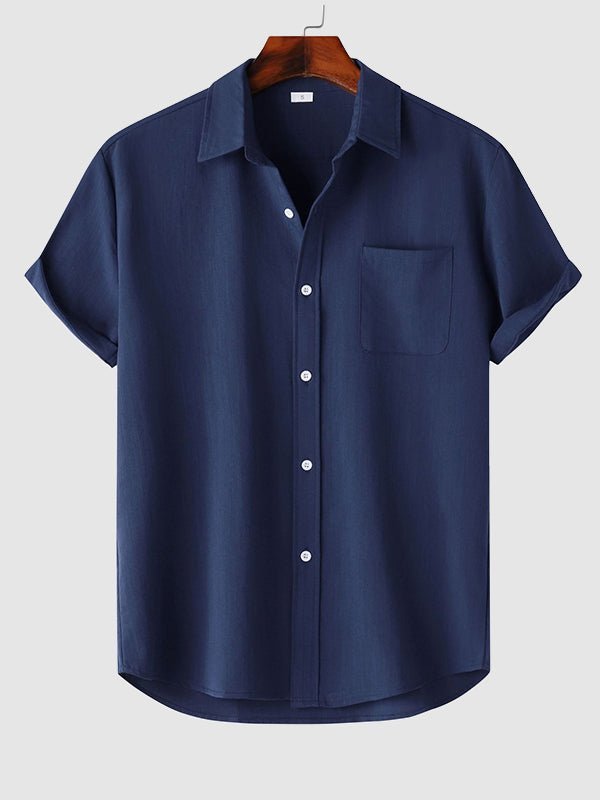 Men's Solid cotton casual lapel solid color short - sleeved shirt - LXNDON