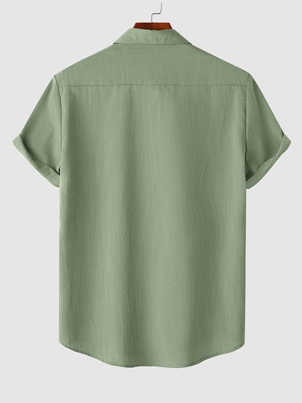 Men's Solid cotton casual lapel solid color short - sleeved shirt - LXNDON