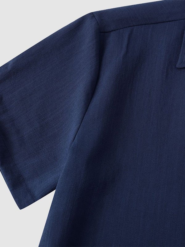 Men's Solid cotton casual lapel solid color short - sleeved shirt - LXNDON