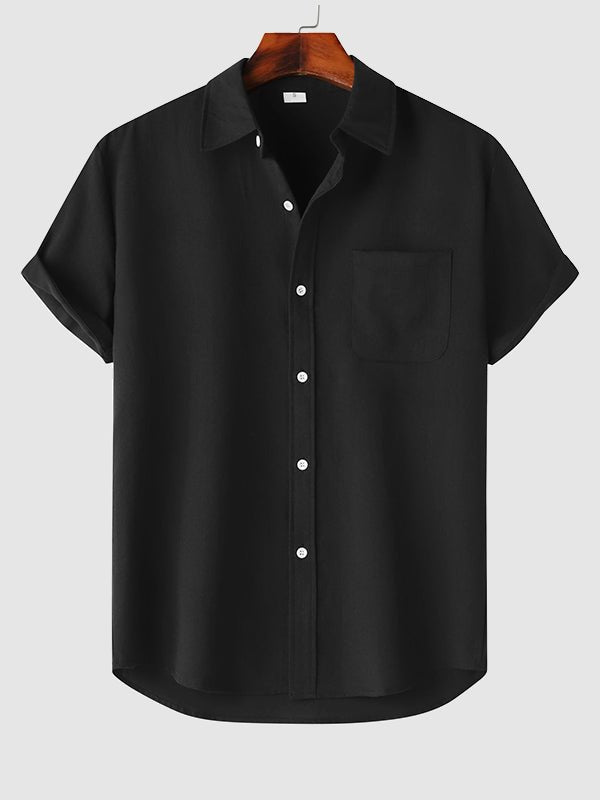 Men's Solid cotton casual lapel solid color short - sleeved shirt - LXNDON