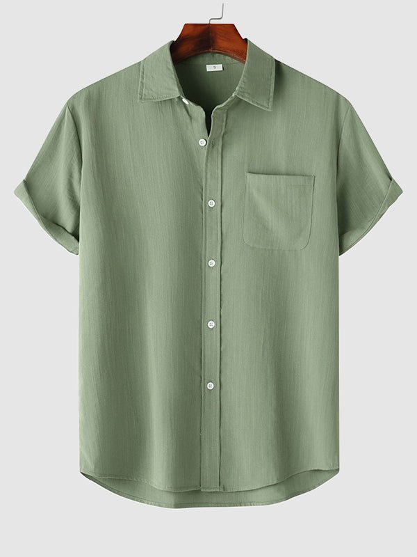 Men's Solid cotton casual lapel solid color short - sleeved shirt - LXNDON