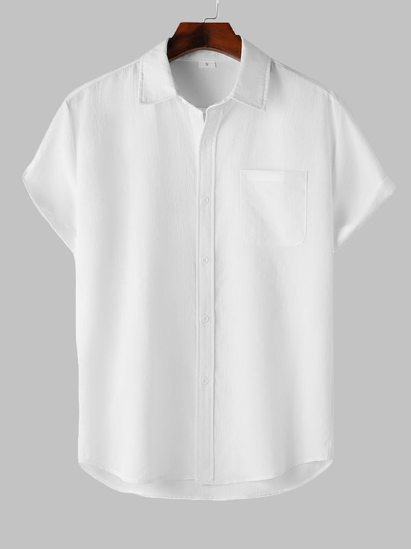 Men's Solid cotton casual lapel solid color short - sleeved shirt - LXNDON