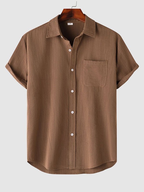 Men's Solid cotton casual lapel solid color short - sleeved shirt - LXNDON