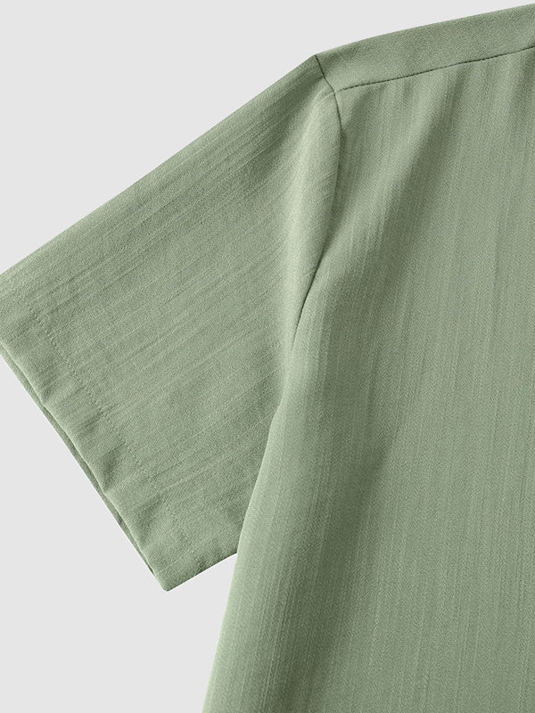 Men's Solid cotton casual lapel solid color short - sleeved shirt - LXNDON