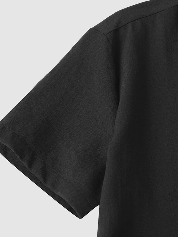 Men's Solid cotton casual lapel solid color short - sleeved shirt - LXNDON