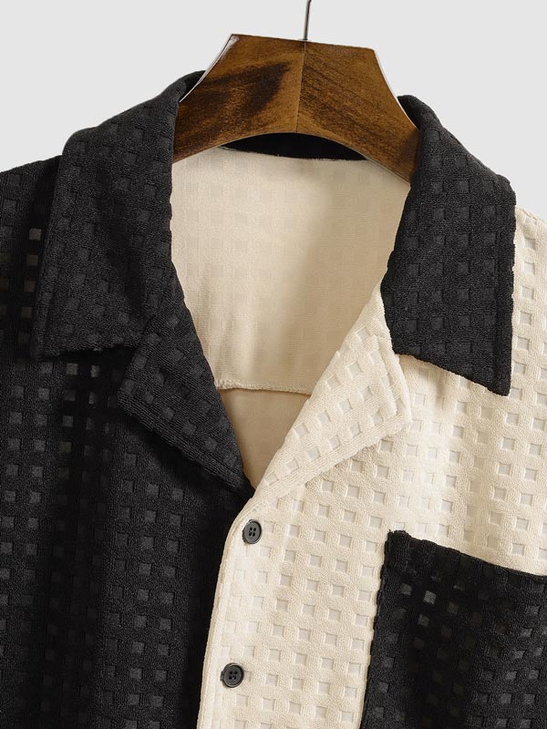 Men's Terry Cloth Plaid Color Block Cuban Collar Shirt Casual Shorts Set - LXNDON